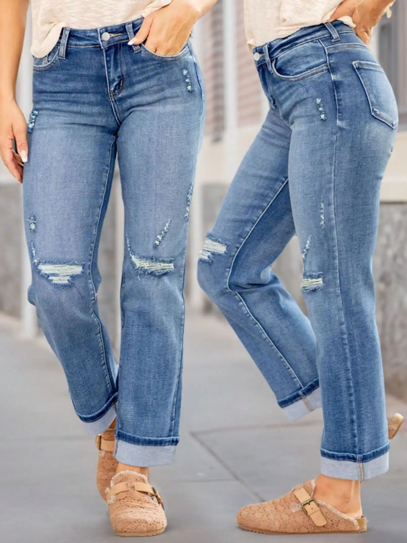 

Женские потертые джинсы Slim Fit с рваными дырками — модная и удобная модная повседневная одежда