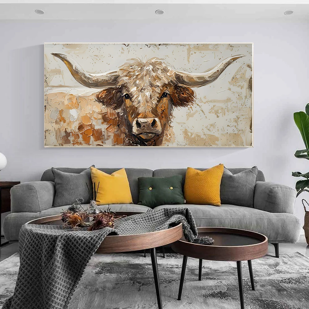 Peinture de vache des Highlands sur toile - Art mural abstrait moderne sur le thème des animaux pour le salon, la chambre à coucher, la décoration du bureau à domicile, Art
