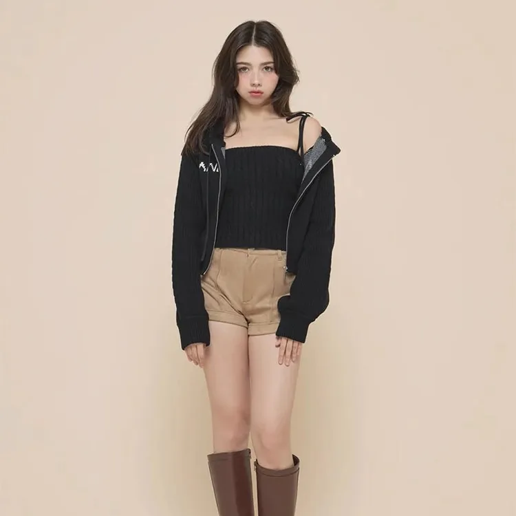 Japanese Sweet Fashion Knit Cardigan Jacket Vest 2-Piece Set Spring and Autumn New Women's Slim Fit Daily Basic Hooded Knit Coat