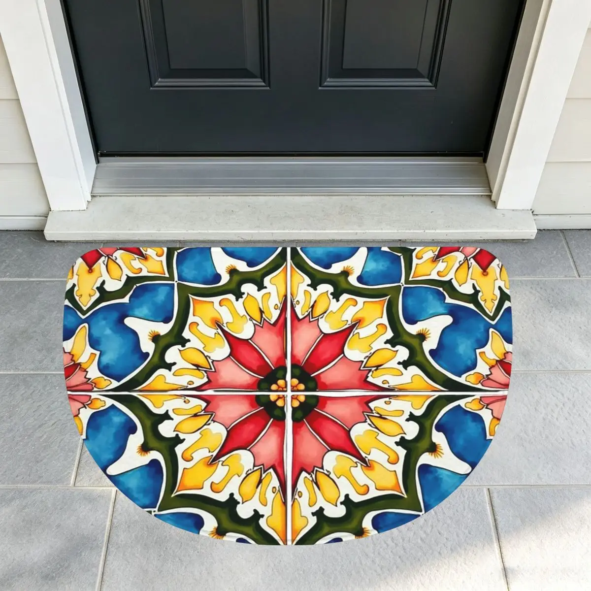 Mediterranean,colorful,vibrant,mosaic Tiles Art 1 Soft Flannel Half Round Doormat Non Slip Bathroom Mat Absorbent Floor Carpet