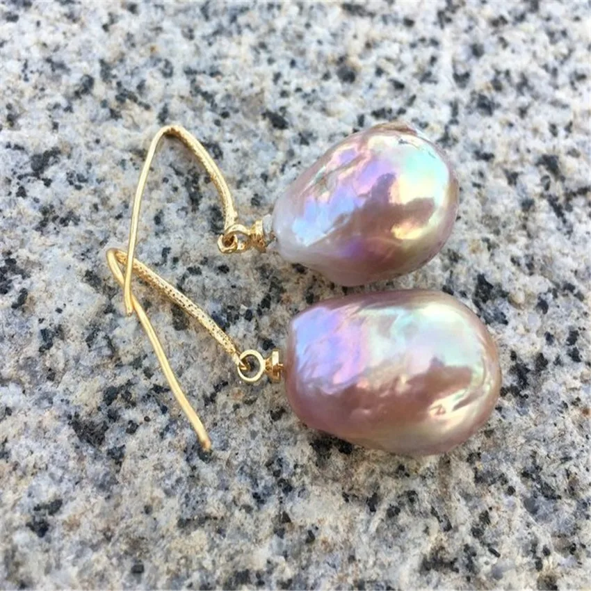 

Freshwater pearls Purple Baroque Pearl Earrings 18K Ear Dangle Hoop Stud Bridal Men Wedding Chandelier