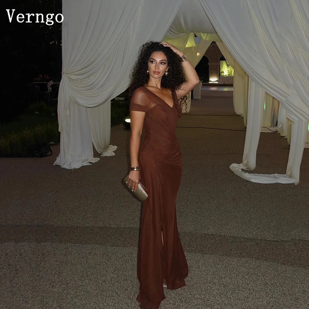

Verngo Brown Chiffon Evening Dress Off The Shoulder Mermaid Side Slit Formal Occasion Dress Women Arabia Prom Gown Customized
