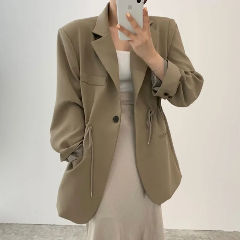 Tannt Women Blazer Drawtherope Vintage Fashion Oversize Winter Jacket Black Khaki Bandages Chic And Elegant Woman Jacket 2023