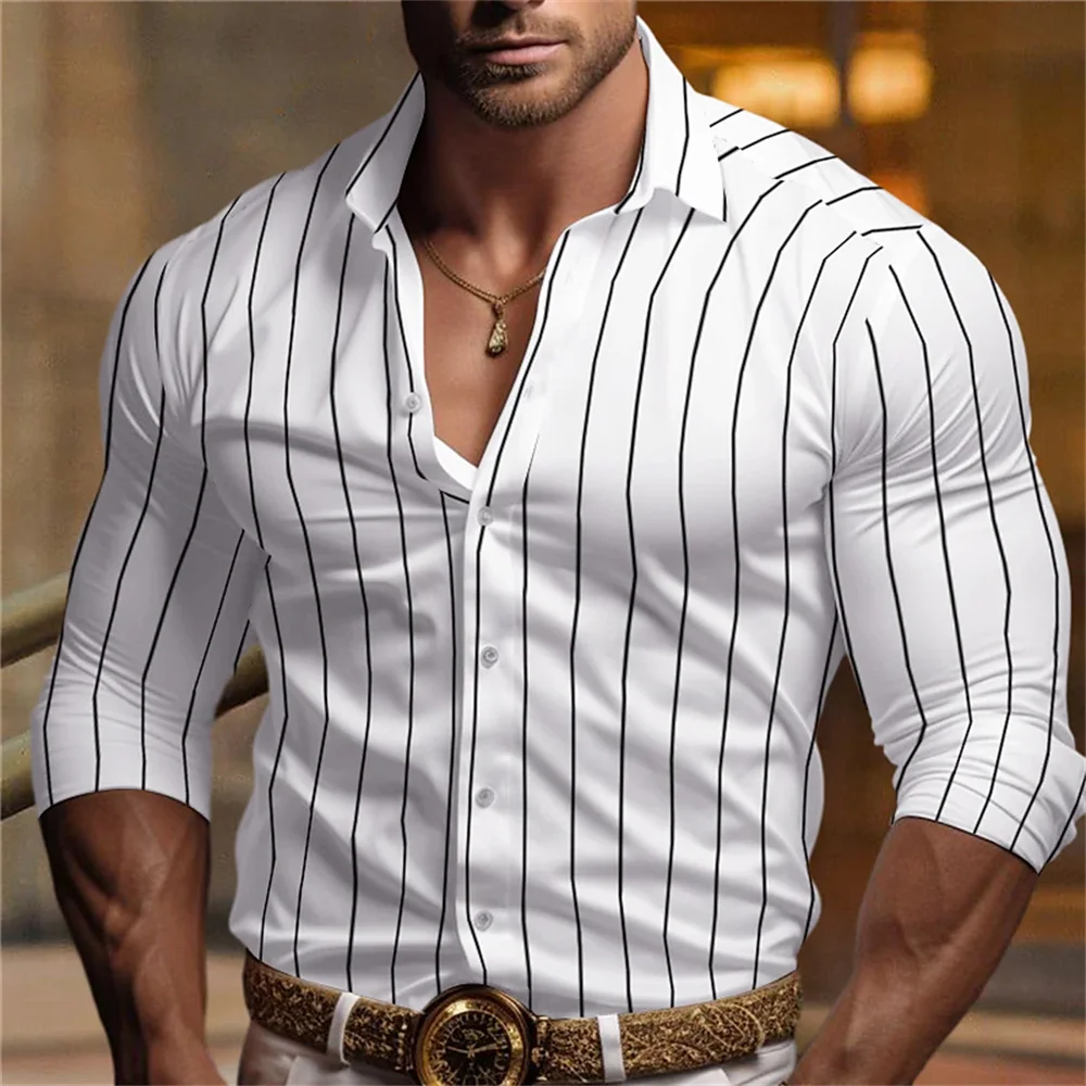 New Men's Long-sleeved Button-down Shirt Line Color Block Striped 3D Printed Shirt Soft And Comfortable Stylish Mens Lapel Shirt