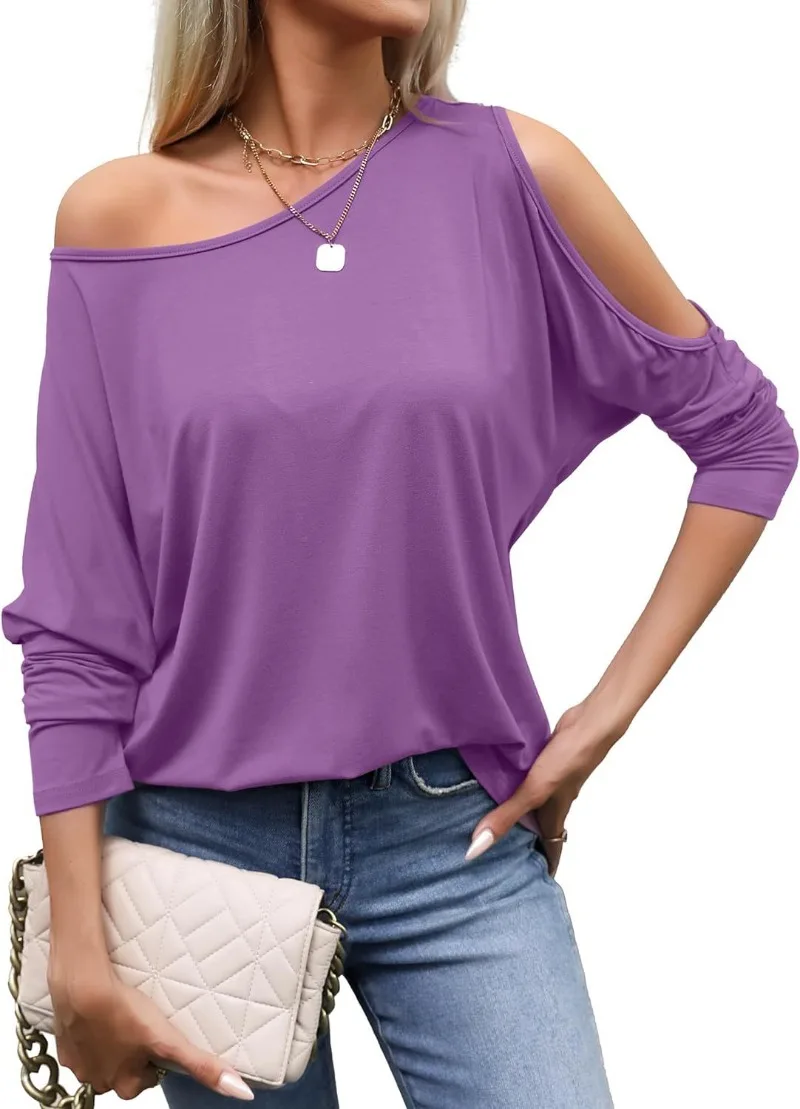 Autumn and Summer New Strapless Loose Bat Shirt Solid Color Diagonal Collar One-shoulder Casual Long-sleeved Streetwear T-shirt