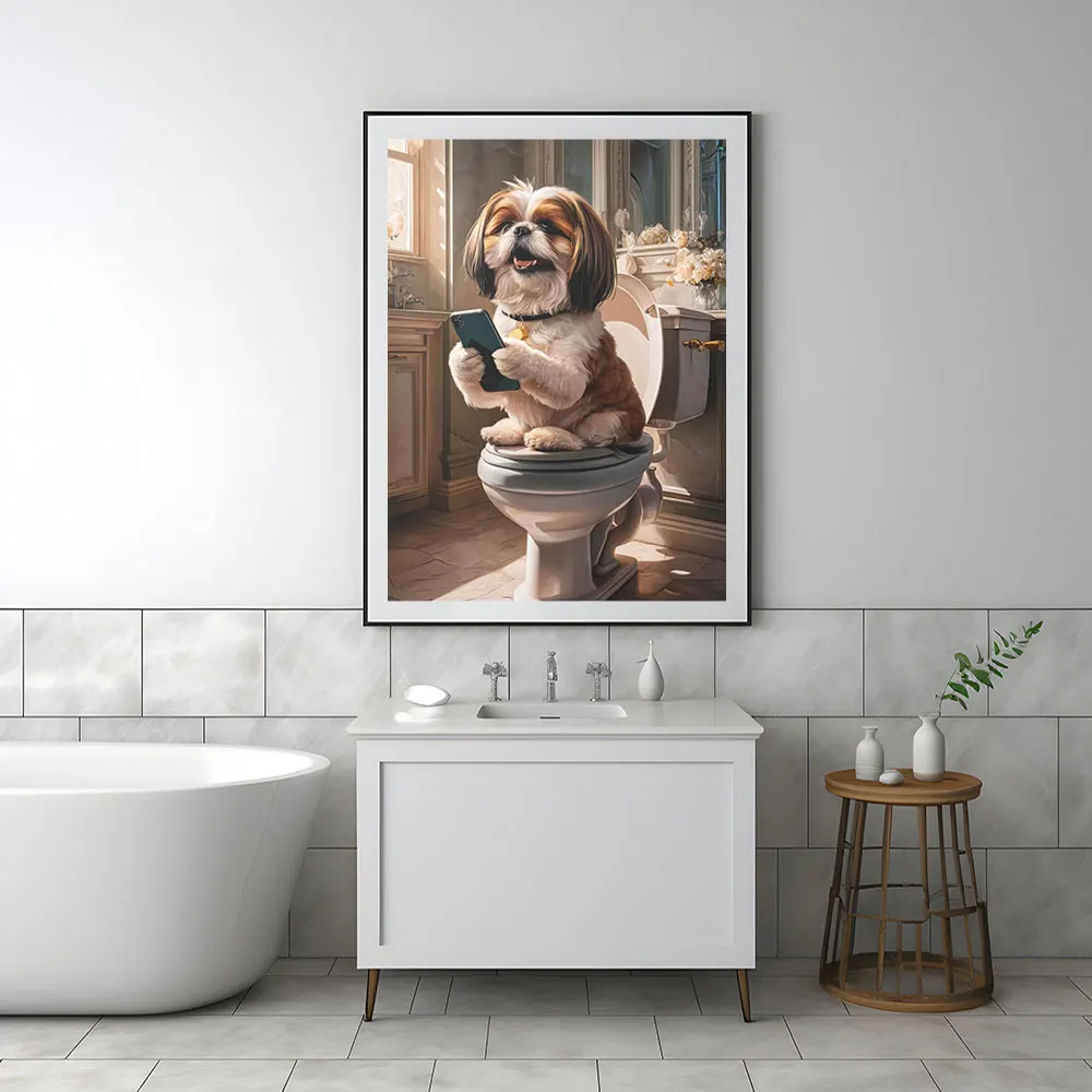 Labradoodle Sitting on Toilet on Mobile Phone,Funny Dog Animal Bath Bathroom Wall Art, Dog on Toilet Art Canvas Poster Print