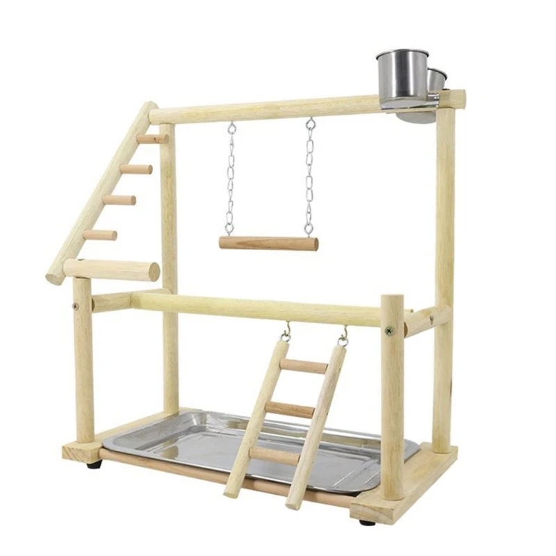 

Bird Perch Stand Toy Parrots Playstand with Feeding Cups Ladder Swing Toy