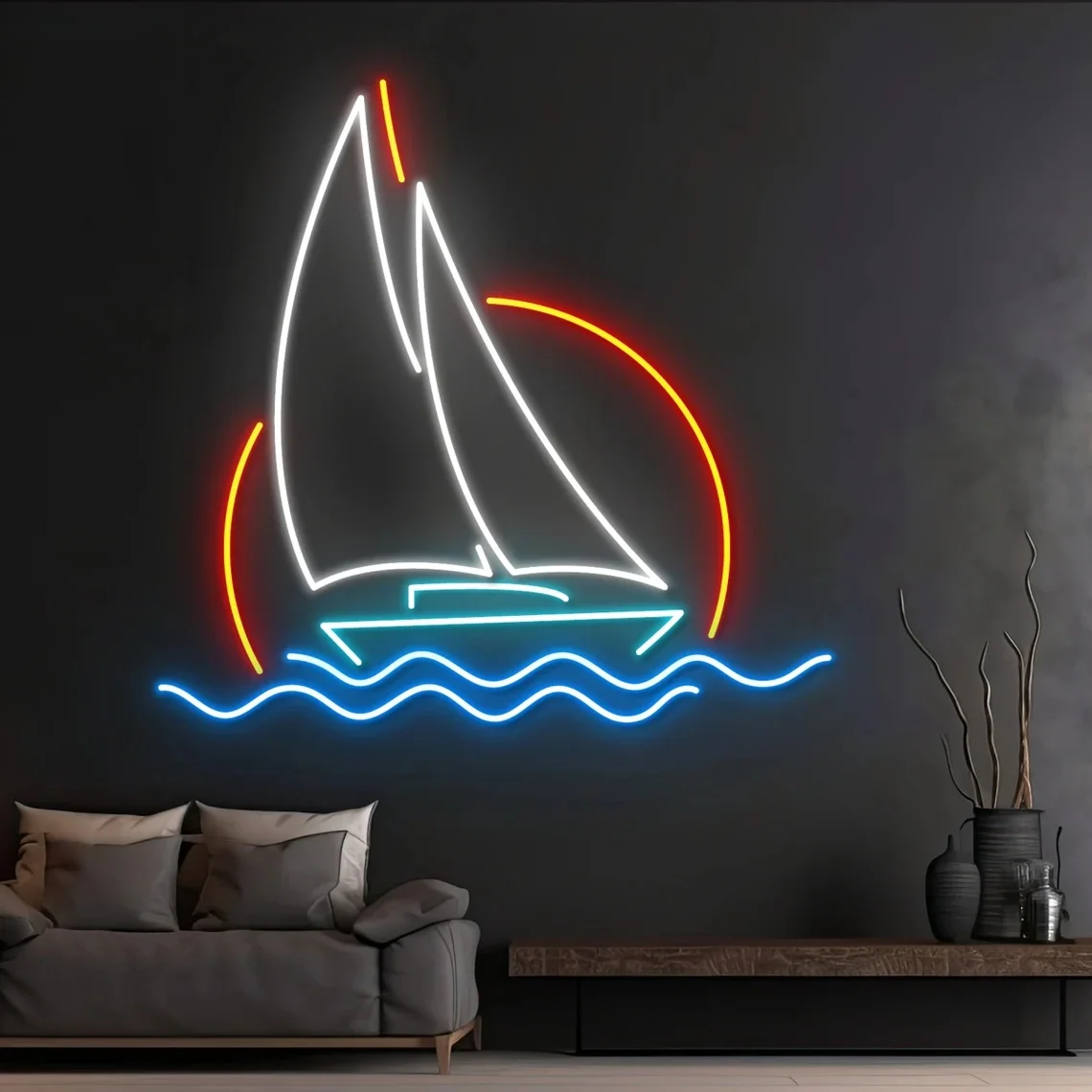 Sun Waves Sailing Boat Neon Sign Sailboat Led Sign Travel Ship Neon Light River Sea Beach Ocean Boat Wall Decor