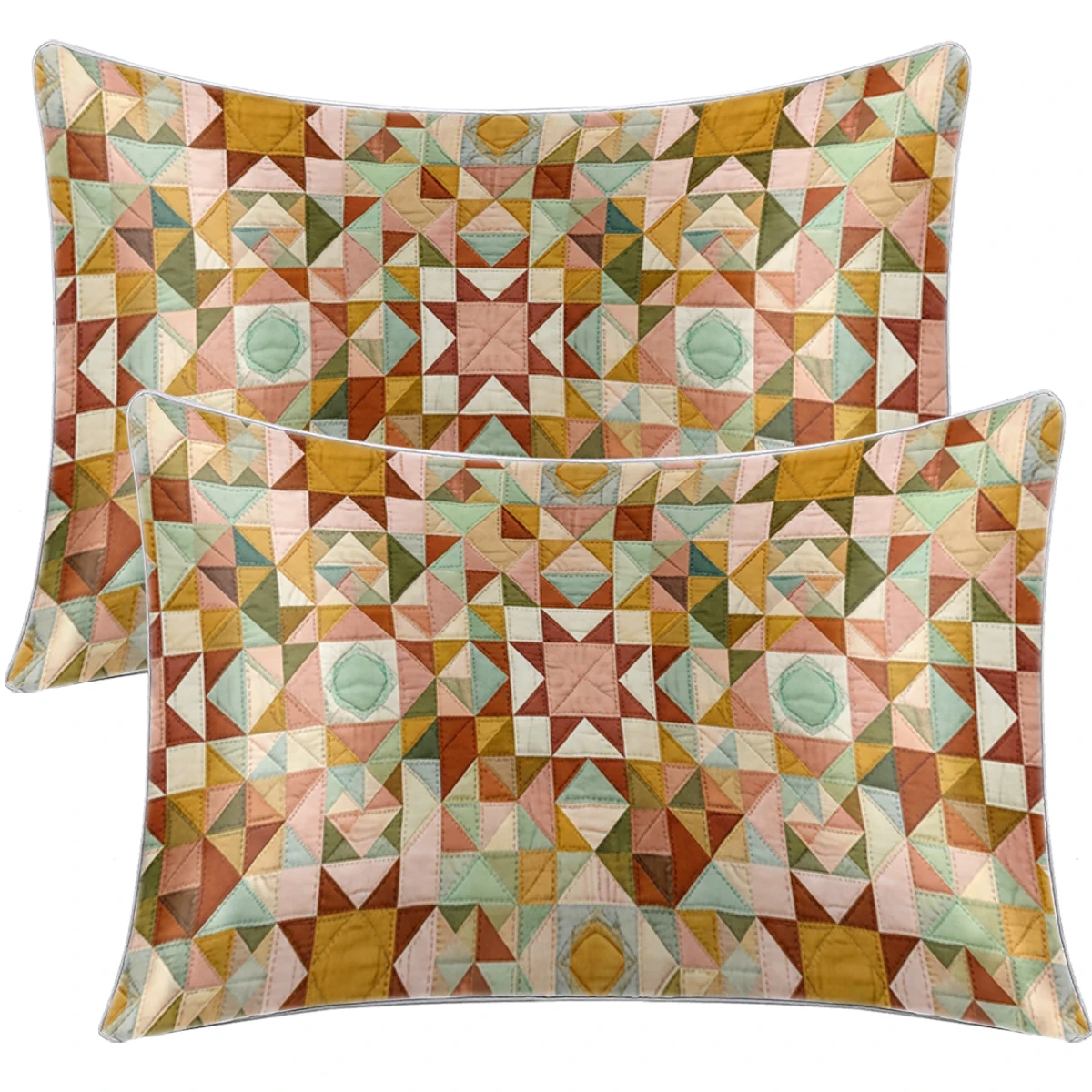 2PCS Vintage Geometric Triangle Patchwork Print Satin Pillowcase Soft Silk Pillow Cover Envelope Closure Bedroom Decor
