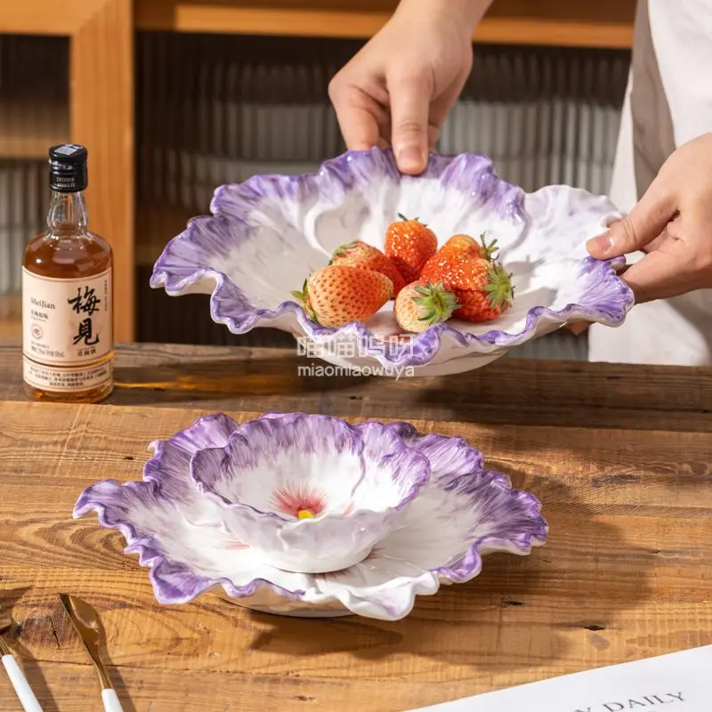 Plato en forma de repollo en relieve, vajilla de color púrpura, cuenco de arroz, plato de verduras, plato de caramelo de fruta, plato Irregular de encaje