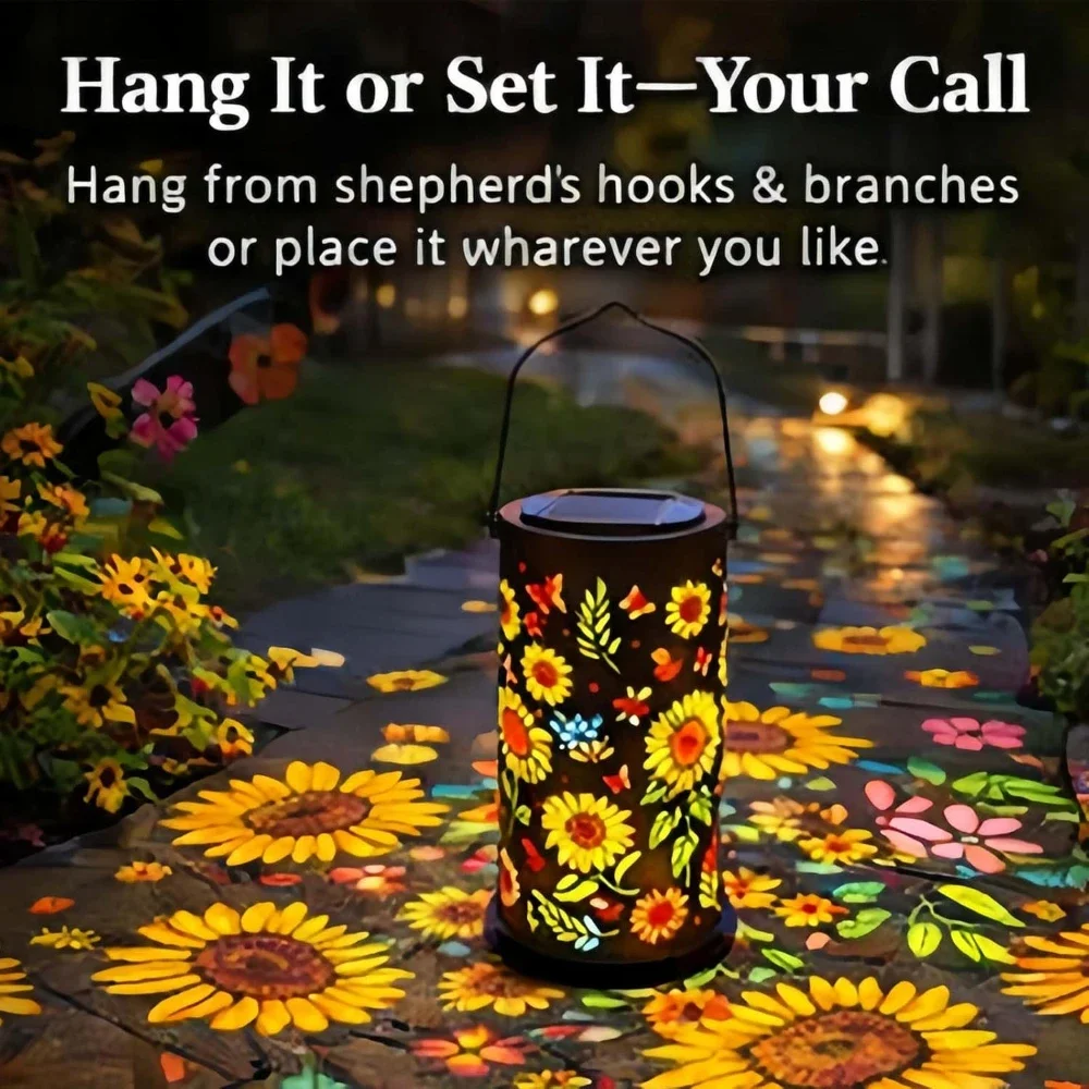 LED Solar Lantern Light Hollow Wrought Iron Projection Light Hanging Lamps Outdoor Waterproof Yard Garden Art Decoration
