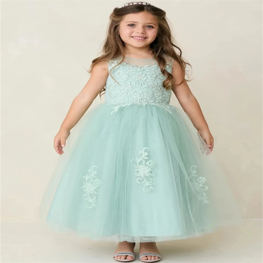 Customized Sky Blue Flower Girl Dress Tulle Floral Appliques Sleeve For Wedding Birthday Evening Prom Banquet Princess Gown