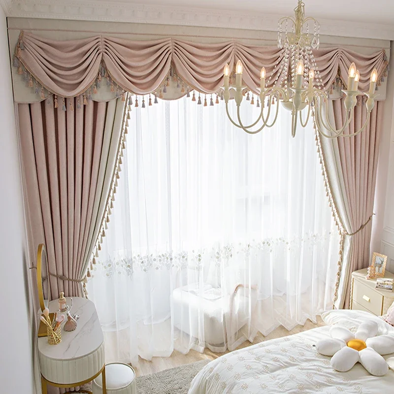 High-end Luxury Pink Girl Curtains for Living Room Bedroom French Blackout Modern Noble Gauze Curtain Bay Window Customization