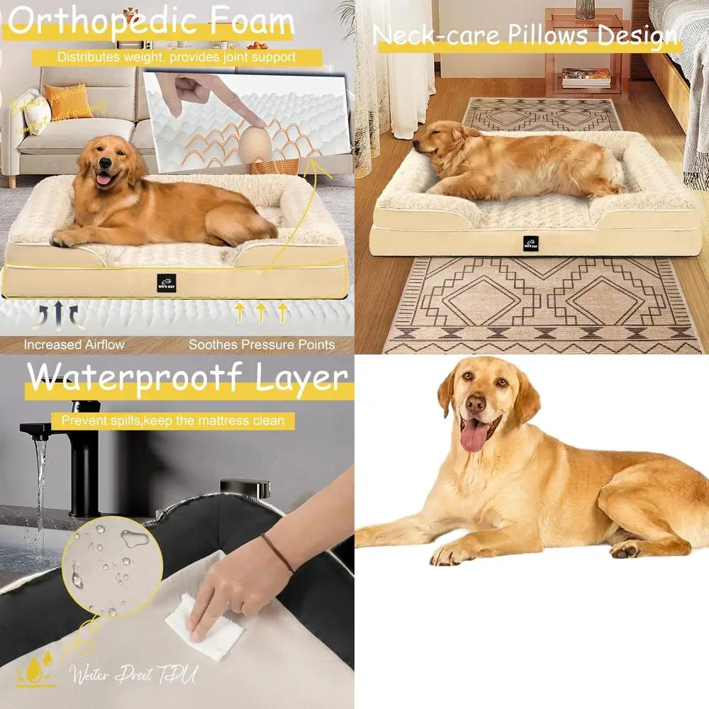 

Большая кровать для собак из пены с эффектом памяти XL, моющийся и водонепроницаемый чехол, прочный диван для домашних животных для средних и больших собак (бежевый)