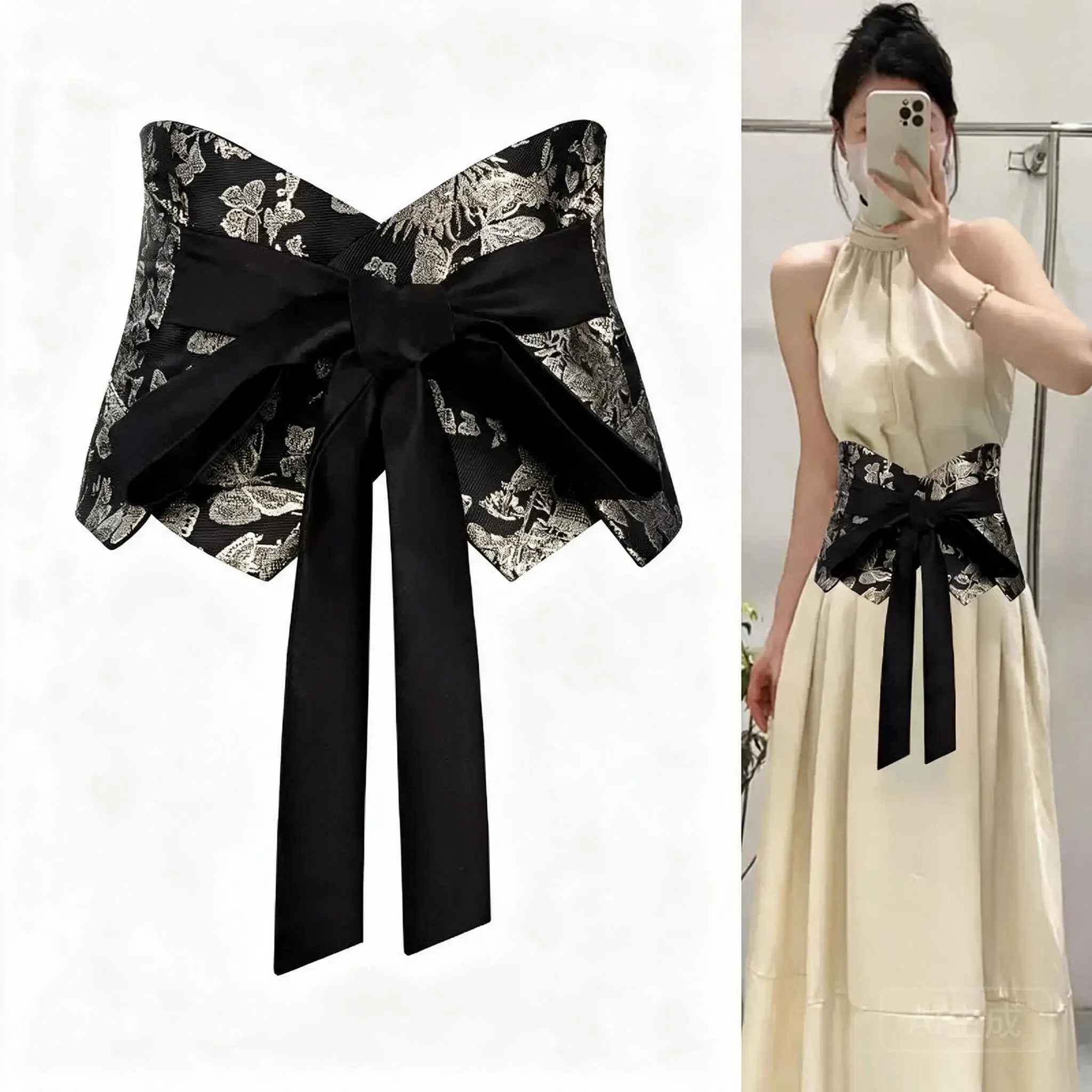 Women New Chinese Style Embroidered Jacquard Corset Belt Elegant Bow Knot Vintage Ethnic Waist Cincher Wide Waistband For Dresse
