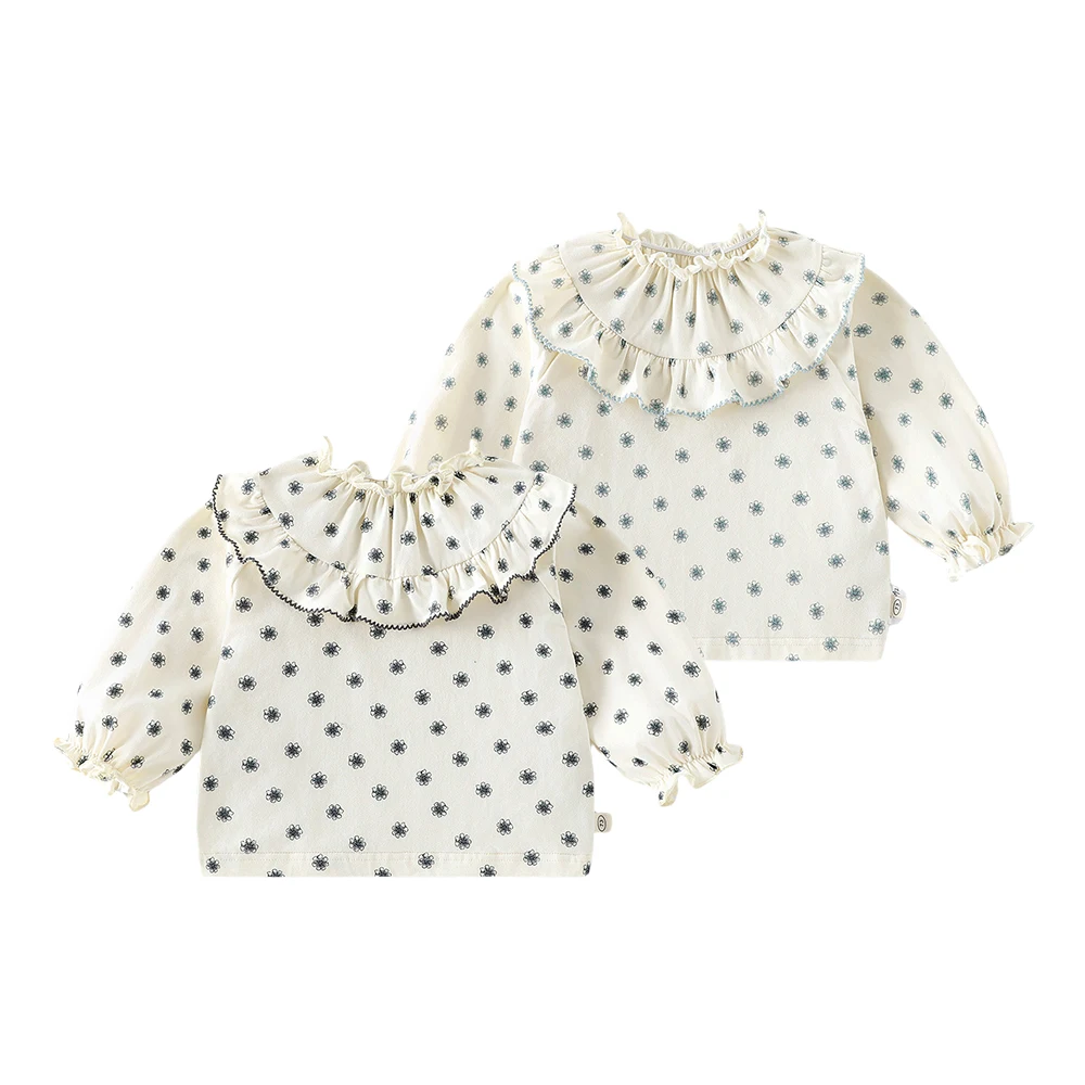 

2025 Autumn Newborn Baby Girl Frill Neck Top T-shirt Ditsy Floral Long Sleeve Shirt Cotton Toddler Ruffle Collar Blouse 0-24M