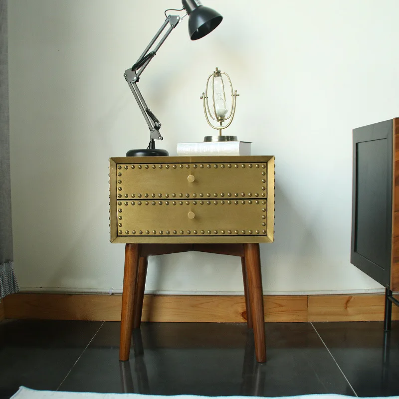 Nordic original simple mini gold copper bedside table multi-functional two-drawer black walnut solid wood locker direct-operated