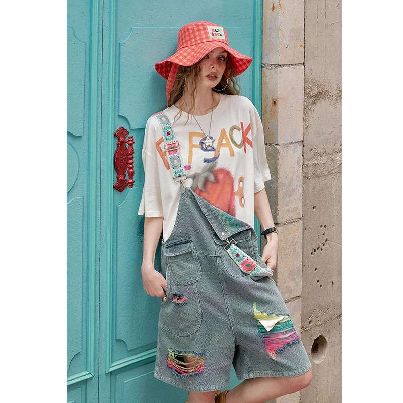 ELFSACK Embroidered Strap Ripped Denim Overall Shorts, Colorful Patchwork Pocket Short Overalls, Casual Loose Bottoms for Women