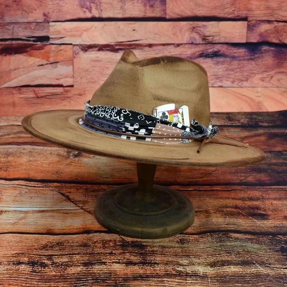 Vintage personalized felt hat with cloth strips made by hand imitation charred