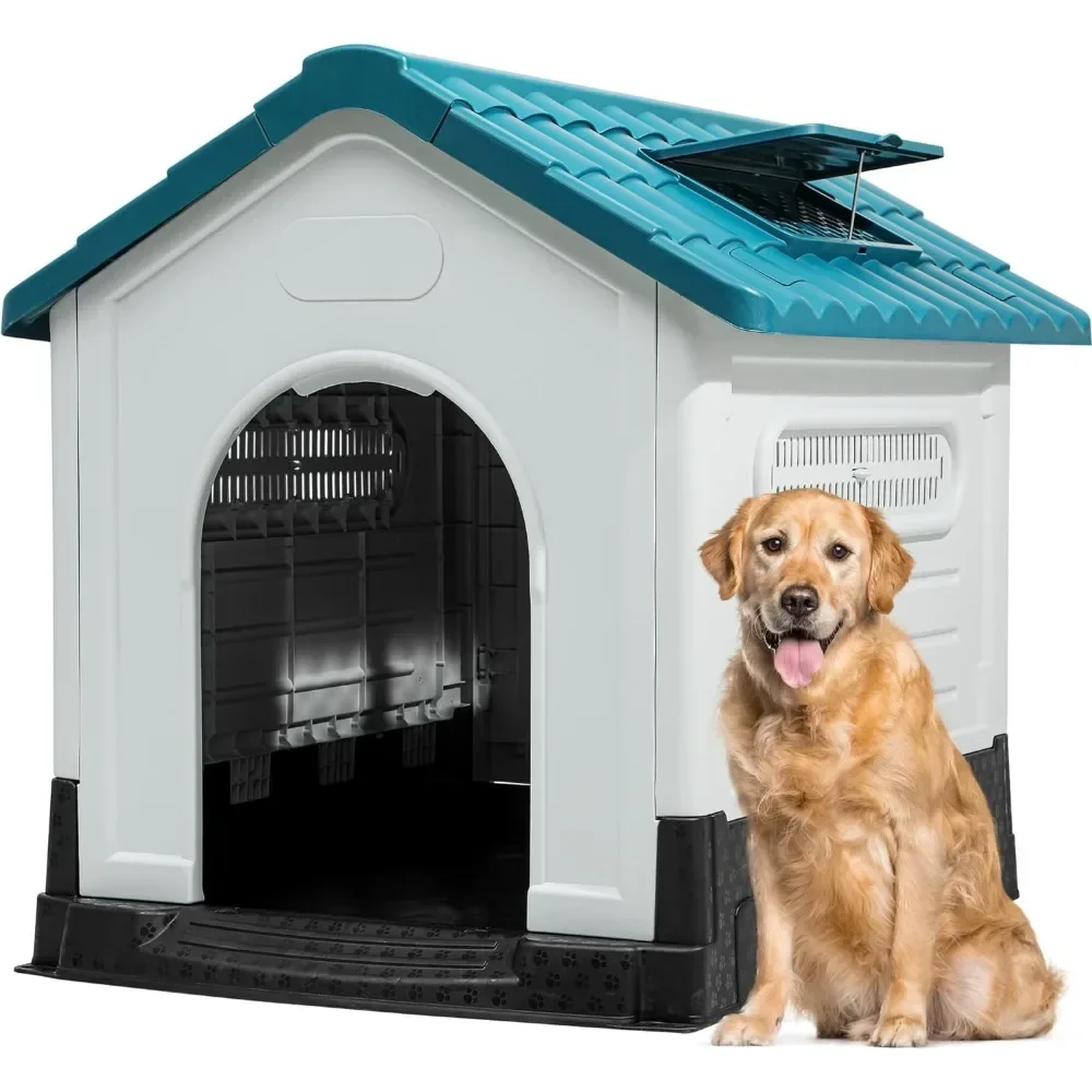 

41.3'' Folding Large Dog House Outdoor Plastic Doghouse with Adjustable Skylight and Elevated Base Water Resistant Pet House