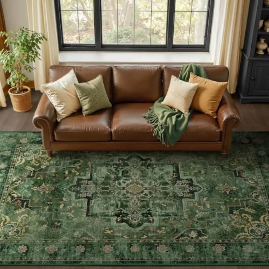 

Dark Green 5x8 Area Rugs for Living Room Bedroom, Medallion Printed Vintage Distressed Low Pile Dining Room Carpet, Machine Was