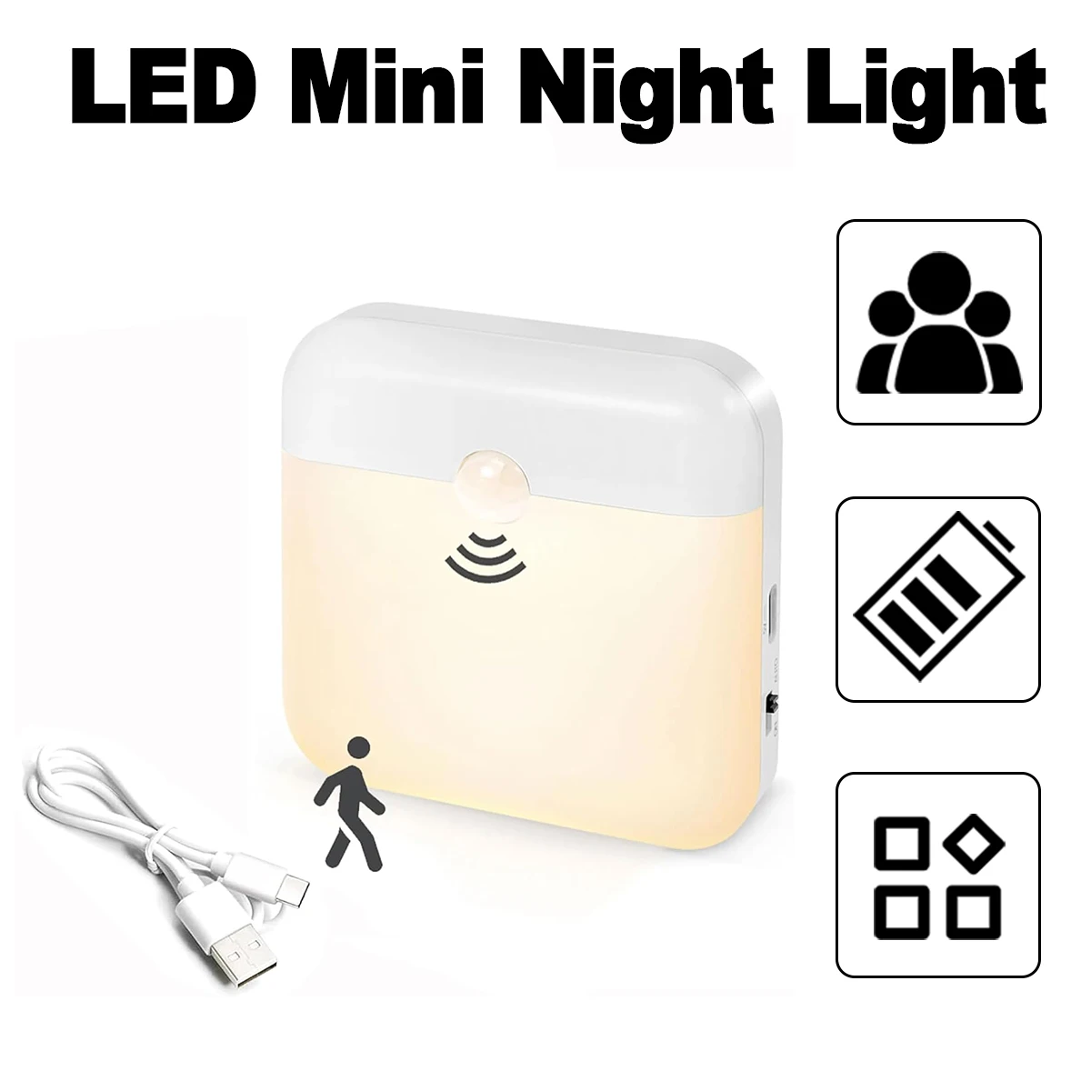 

Motion Sensor Led Night Light Smart Magnetic Base Warm White/Cool White Usb Square Rechargeable Wireless Wall Stair Nightlights