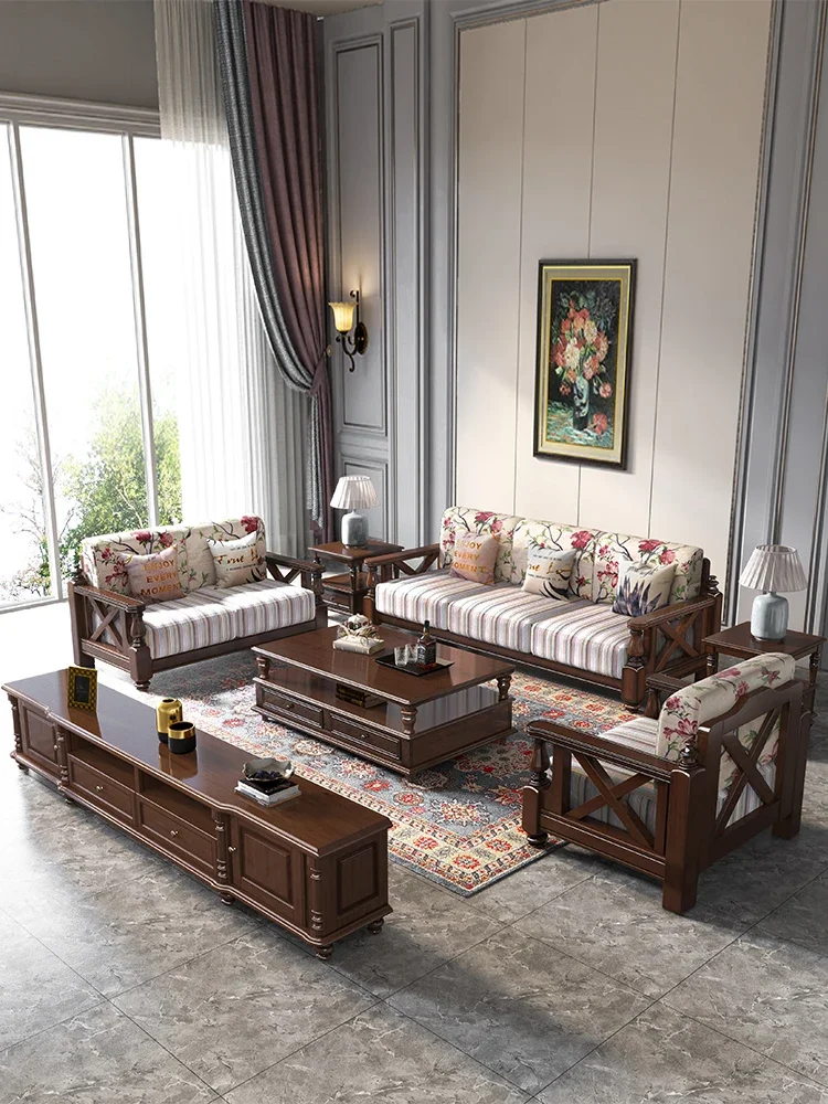 Xiaomei Style Small Apartment Living Room Retro Country Style American Solid Wood Sofa