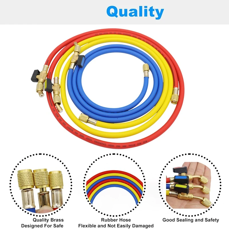 1.6M Refrigerant A/C Charging Hoses with Ball Valves HVAC 1/4In SAE Fit for R134A R12 Coolant Adding and Air Condition-BCBW