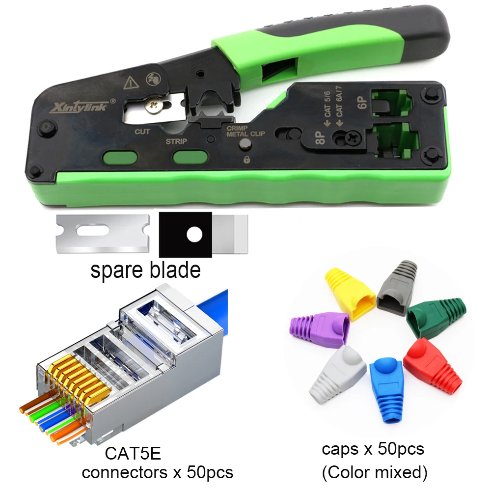 STP CAT5 CAT5E 50set connector caps+CAT6 CAT6A CAT7 CAT8 Crimping Pliers rj45 crimper network tool stripper ethernet cable kit