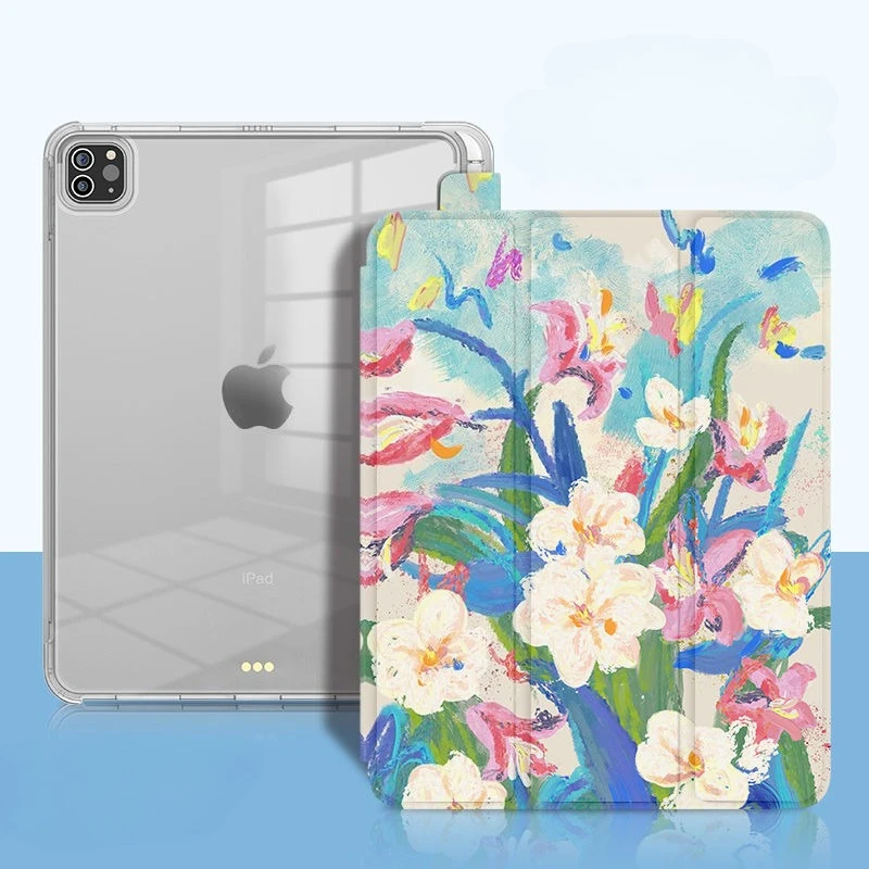 

Pencil Slot Funda Case for IPad Mini 6 8.3 Pro11 2nd 3rd 4th IPad Air 5th Generation Case 10.2 7th 8th 9th Flower Painting Oil