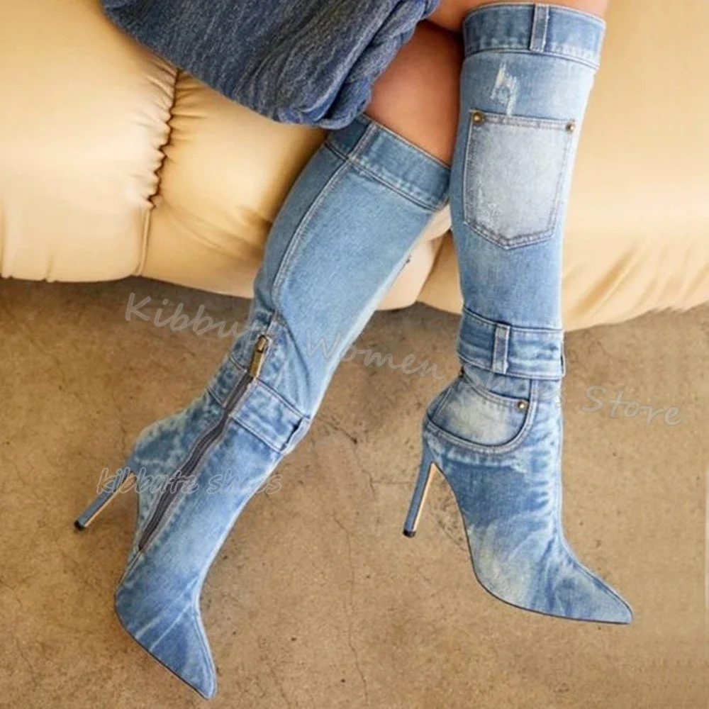 

Denim Knee High Boots Pockets Patchwork Mixed Color Vintage Fashion Concise Sexy Elegant Women Shoes New Pointed Toe Thin Heels