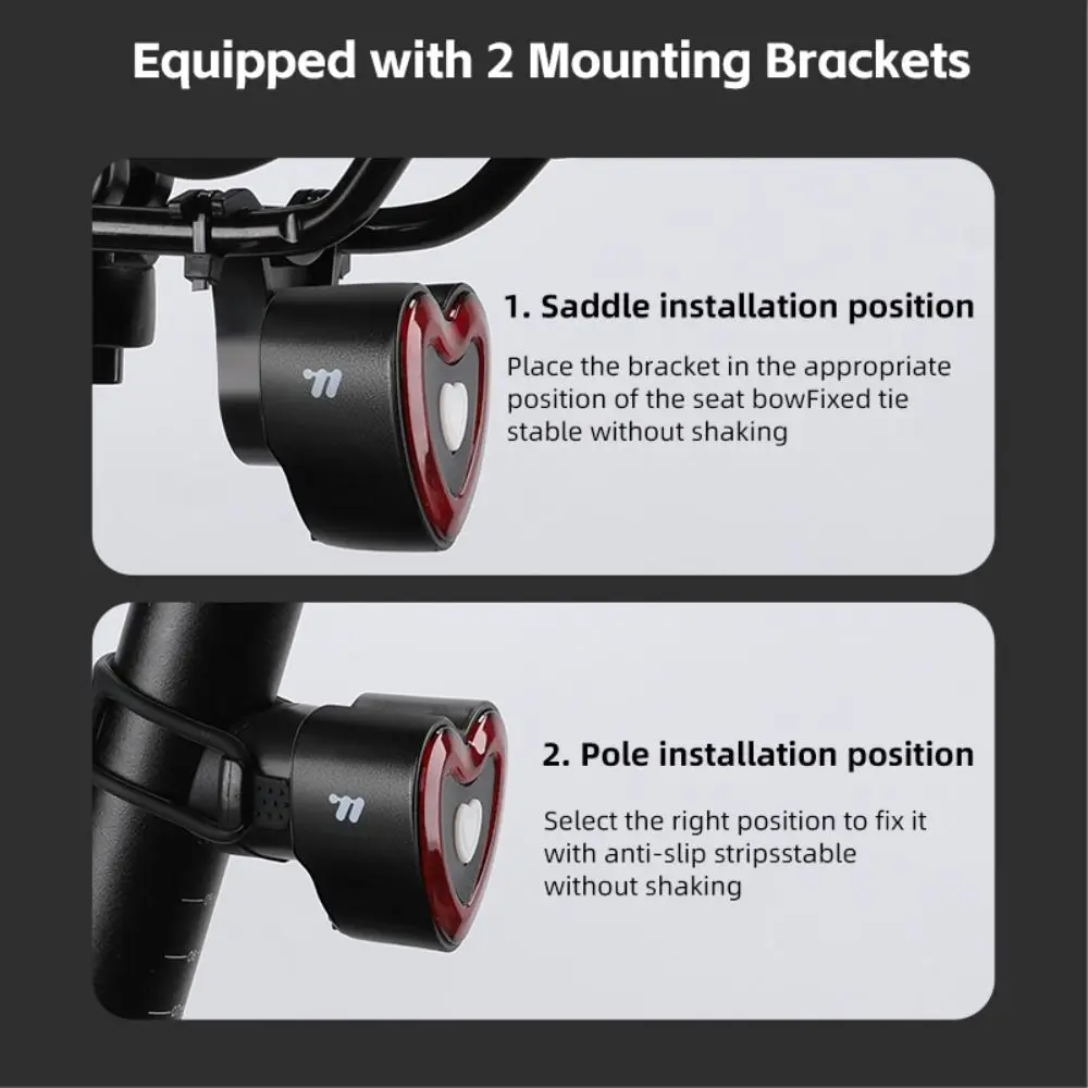 

Type-C Charging Smart Brake Sensing Bike Taillight IPX6 Waterproof Vibration Wake-Up Heart Shape Taillight 4 Lighting Modes