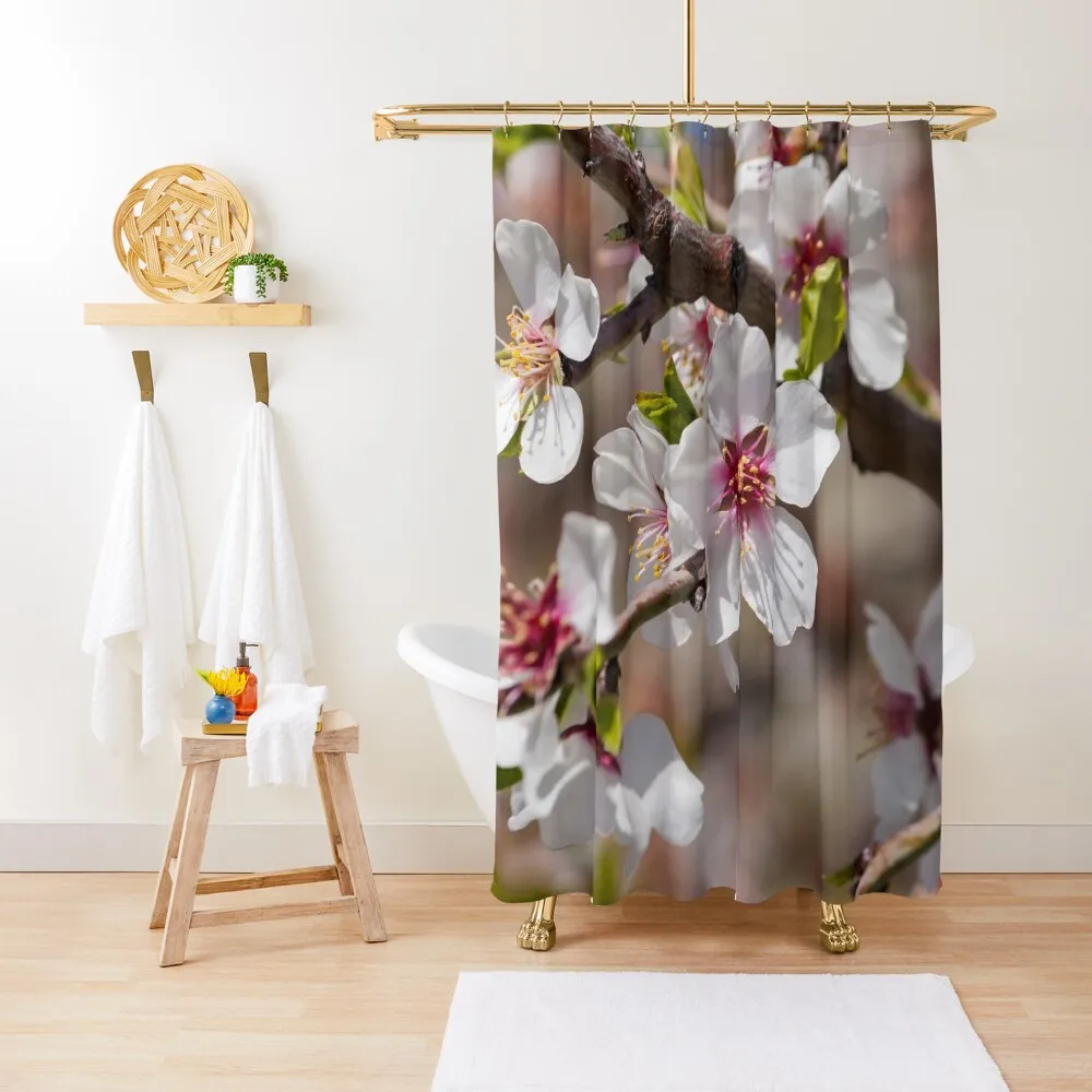 Fresh Almond Flowers - White Flowers on Peachy Background Shower Curtain Shower Bath Shower Waterproof Curtain