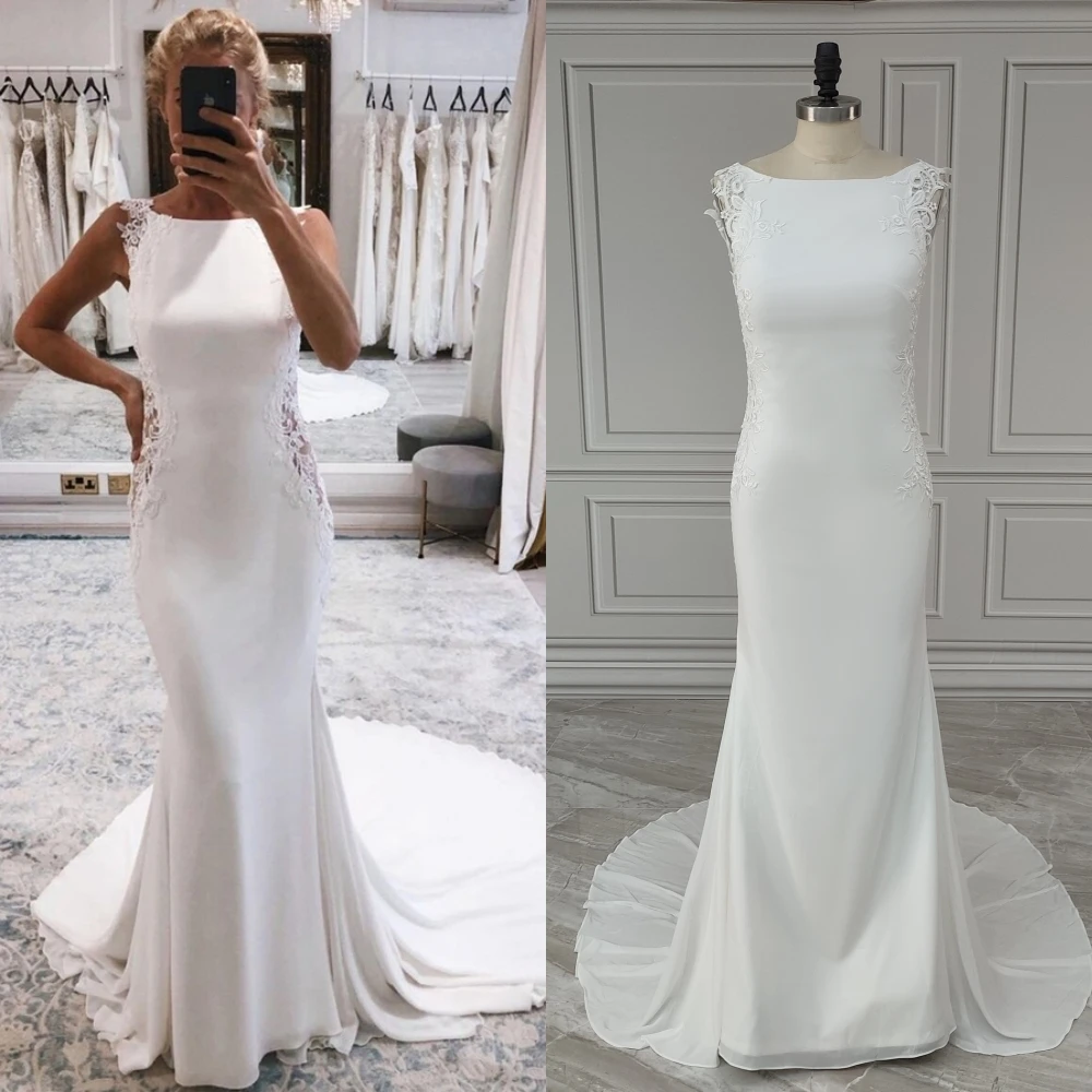 12260 #   Personalizado sem mangas apliques rendas sereia vestido de casamento baixo volta varredura trem vestido de noiva para mulher novia