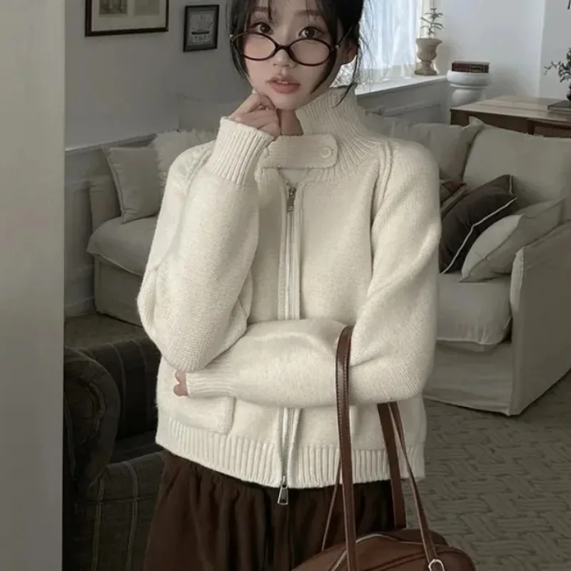 

Женский вязаный свитер, осень-зима, свободный крой, воротник на молнии, винтажный открытый кардиган с ленивым рукавом, длинный топ све