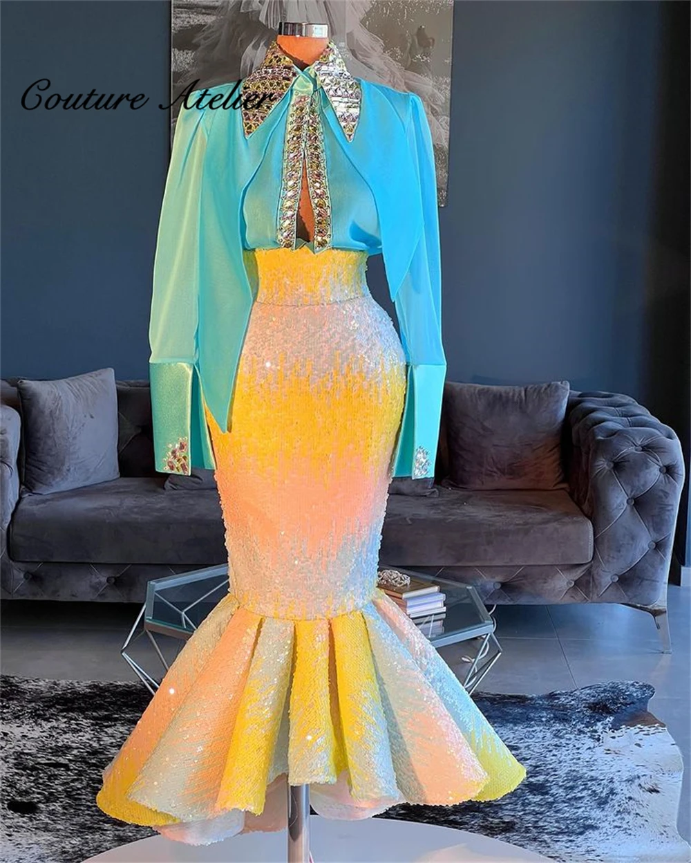 

Two Pieces Mermaid Sequin Eveing Dresses Long Sleeve Formal Dress Tea-Length Elegant Dinner Gown Birthday Party Gowns Customized