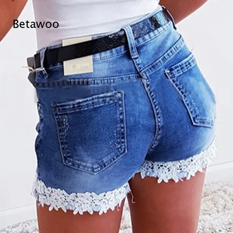 Women's High Waist Denim Shorts with Lace Trim Hem and Belt, Sexy Summer Ripped Jean Hot Pants for Beach Party Clubwear Outfits view 2