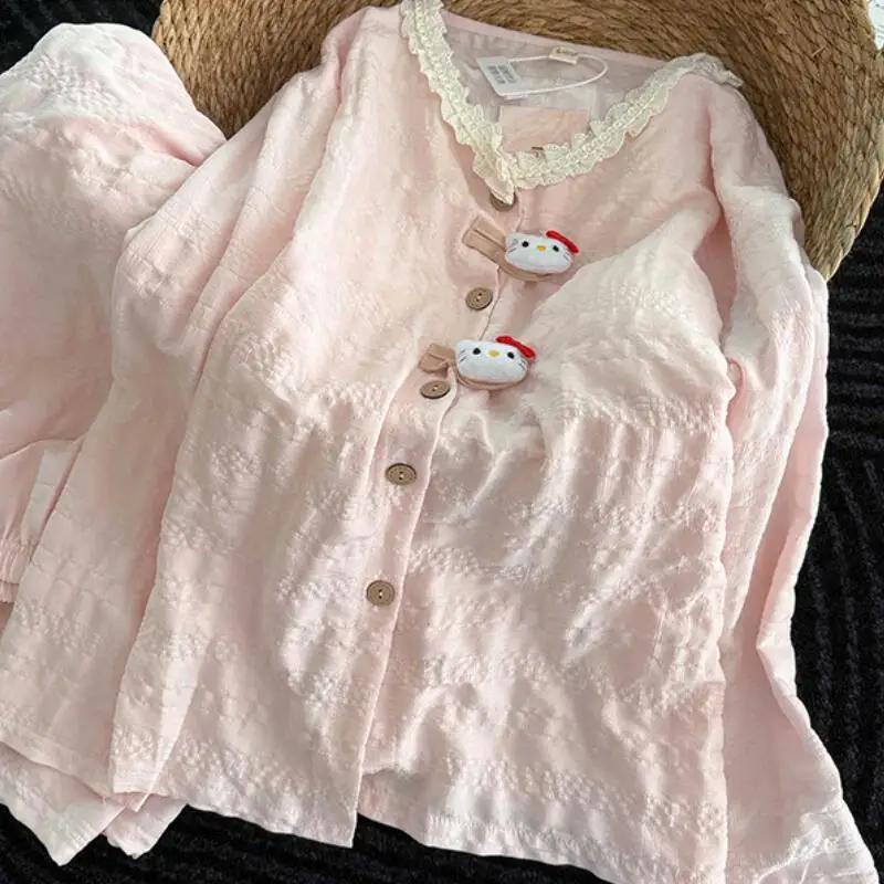 

Женский домашний комплект с объемными длинными рукавами и брюками, женская пижама-кардиган, новинка весна-осень, мягкий комплект из двух предметов для девушек