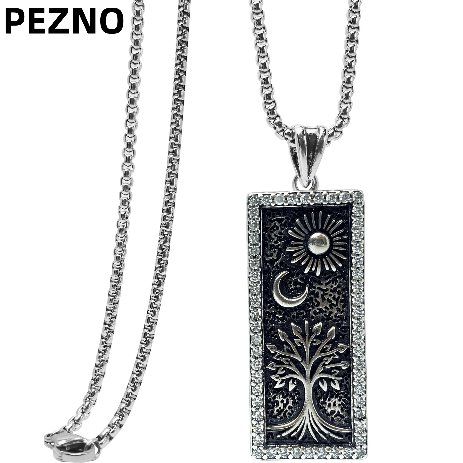 

PEZNO Stainless Steel Sun Moon Pendant Necklace | Cubic Zirconia Inlay | Nordic Mystic Jewelry for Men Women Gift