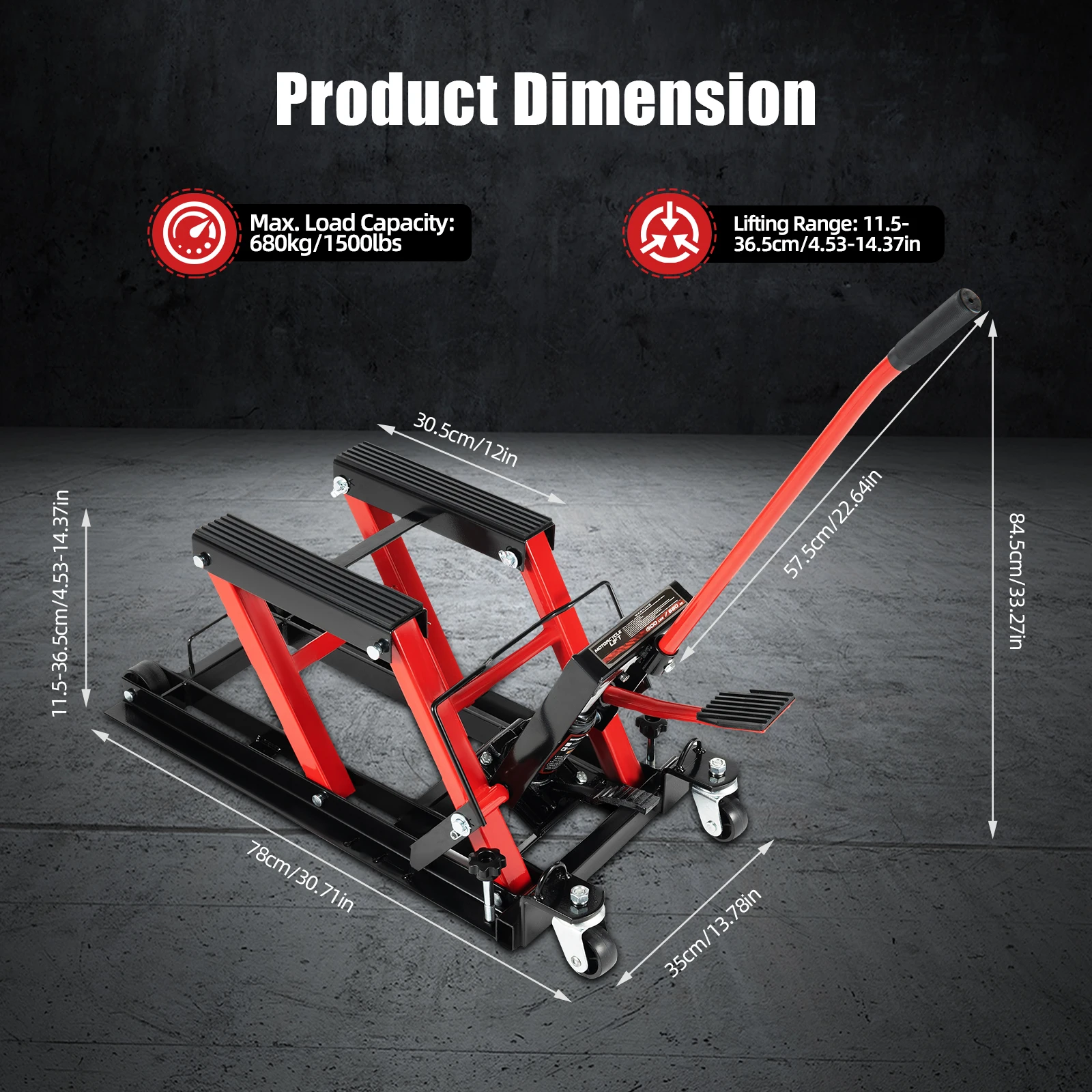 Motorcycle Lift Hydraulic Motorcycle Jack 680kg Jack Motorbike Lift Portable Motorcycle Lift Table w/ 4 Wheels