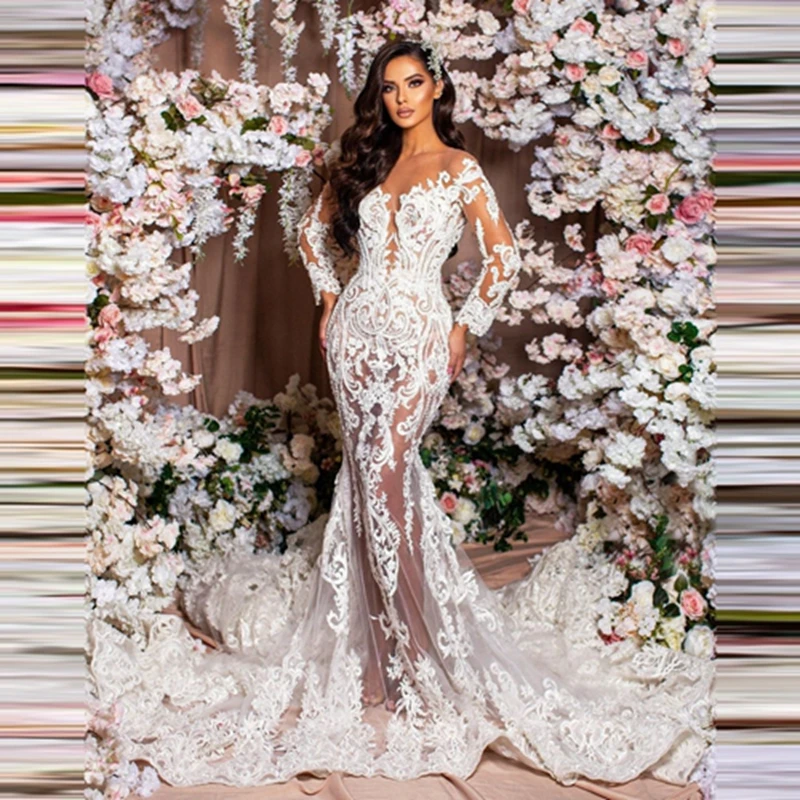 Sexy See Thru Lace Appliques Mermaid Birdal Dresses Deep V Neck Illusion Tulle Wedding Dress Charm Backless Wedding Gowns