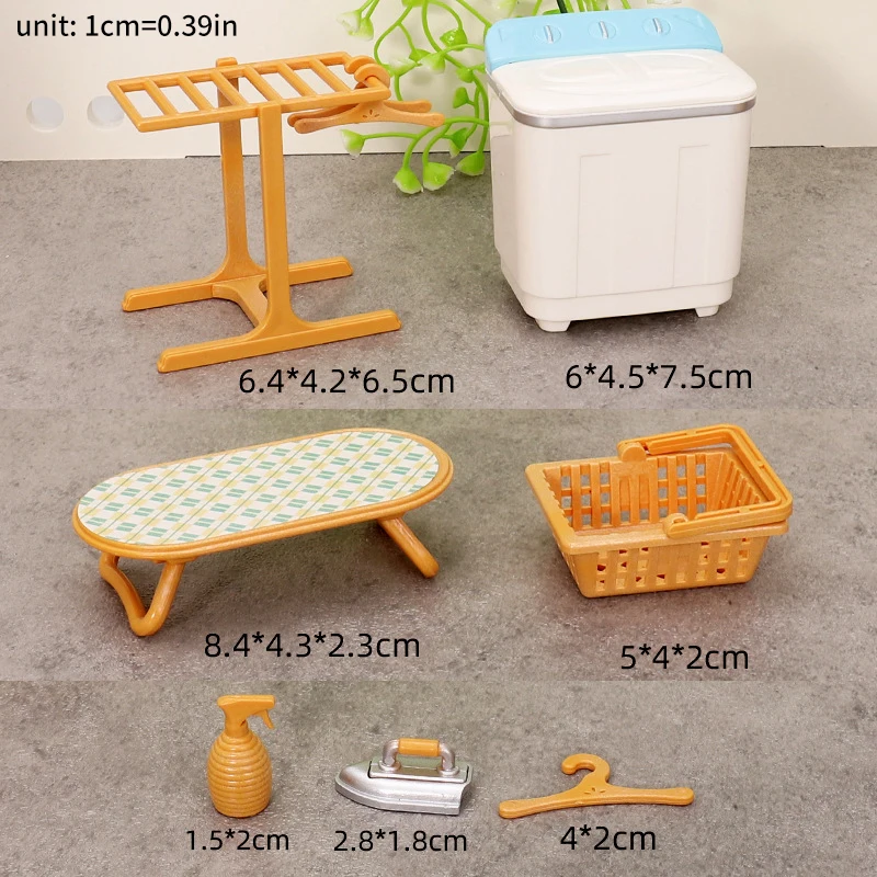 Dollhouse Miniature Furniture Set for Kids, Máquina de lavar roupa, roupas, estante de secagem, Iron Laundry Set, Toy Doll Furniture, Pretend Play, 1:12