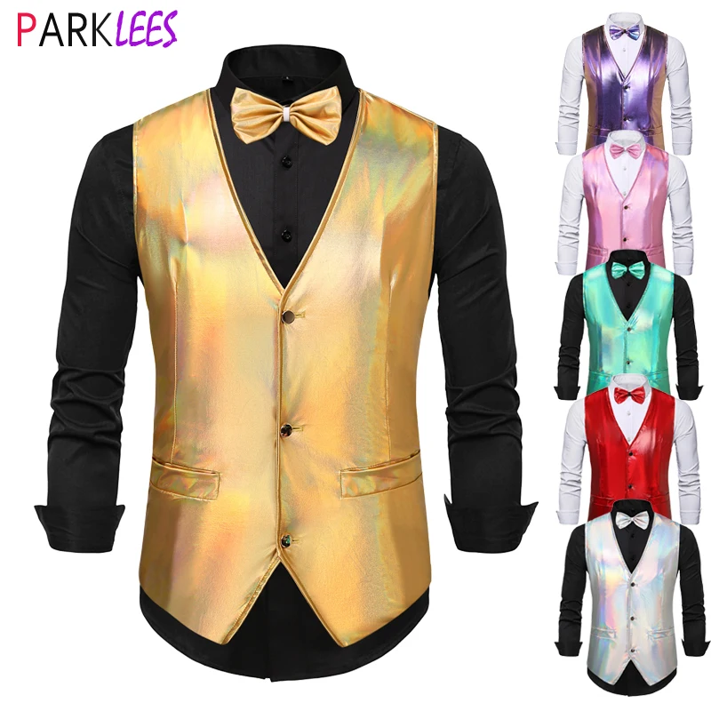 

Shiny Gold Metallic 2pcs Mens Vest with Bowtie Slim Fit V Neck Sparkling Waistcoat Wedding Party Stage Prom Costume Chaleco 2XL