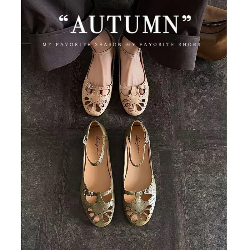 2026 new summer women sandals natural leather 22-24.5cm cowhide+sheepskin+pigskin round toe hollow ankle buckle women shoes