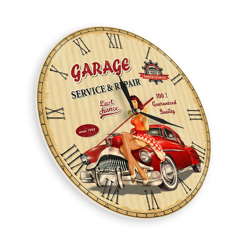 Car Service Repair Garage Wall Clock for Man Cave Workshop Retro Sexy Girl Silent Non Ticking Wall Clock Mechanic Repairman Gift
