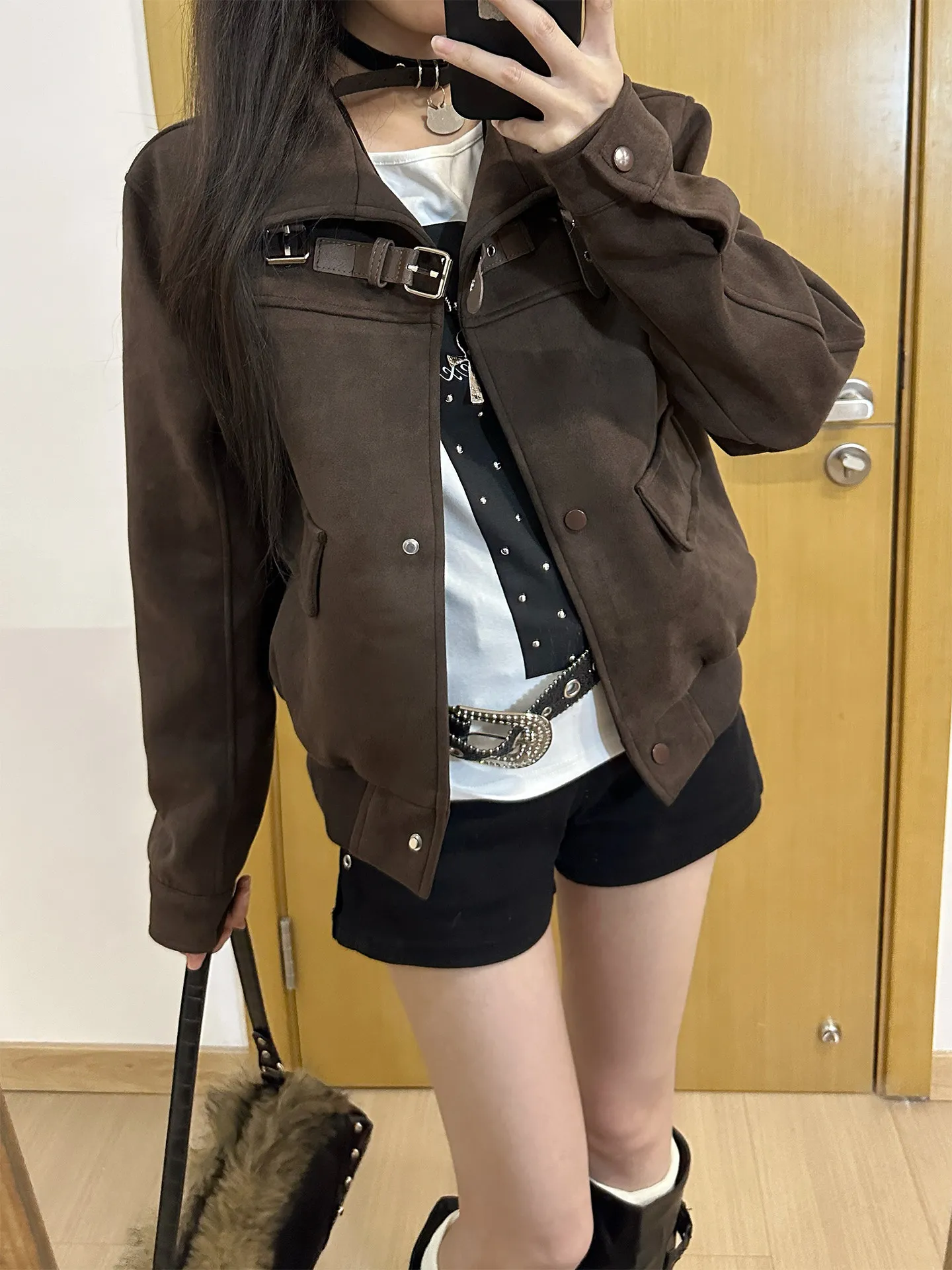 

Retro American ort Motorcycle Jaet Women's Loose Slimming Versatile Spring 2026 Casual Sle Zipper Closure Color