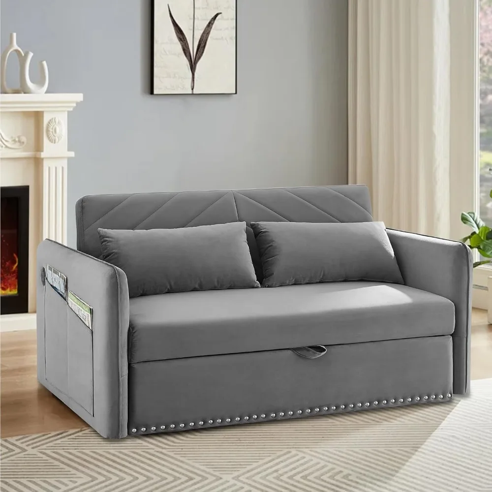 55.9'' Sofa Bed with USB Port, 3 in 1 Velvet Fabric Futon Couches with Side Pocket, Adjustable Backrest, Convertible Couch Bed