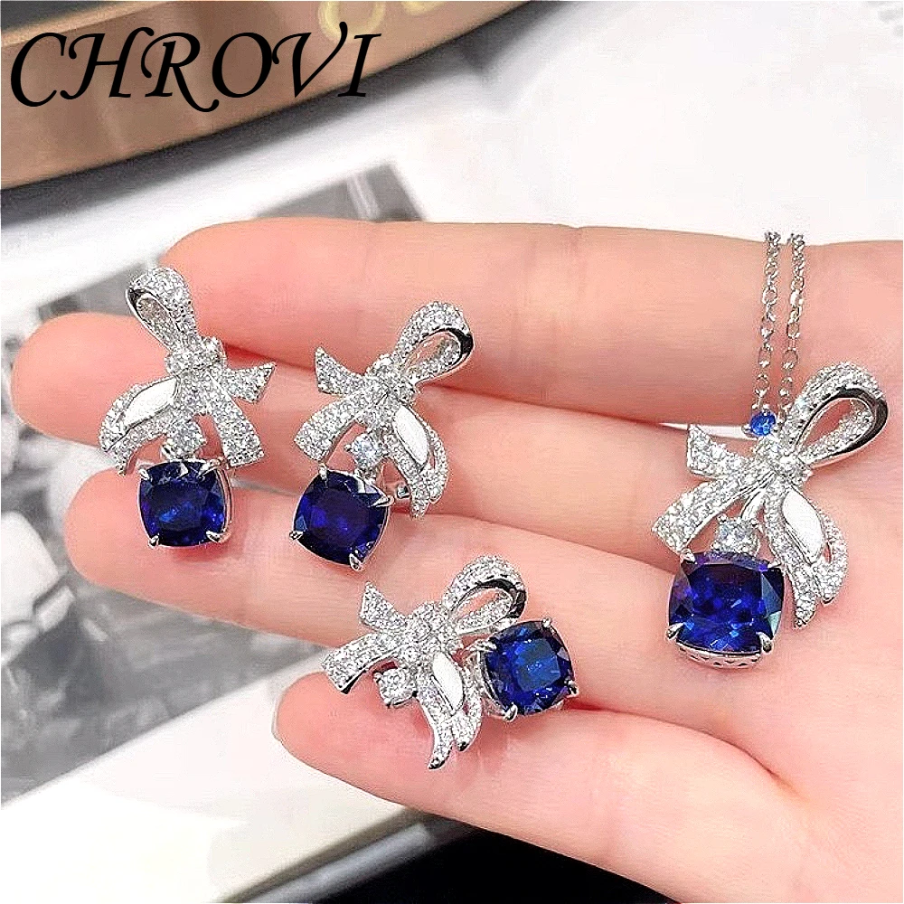 Luxurious 925 sterling silver ultra-fantastic pendant necklace, gemstone ring, blue diamond stud earrings set for women