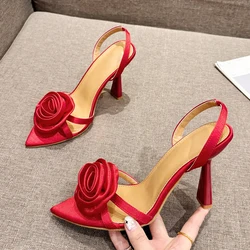 Liyke Summer Fashion Silk Rose Flowers Pointed Open Toe Back Strap Sandals Women Red High Heels Wedding Prom Shoes Zapatos Mujer