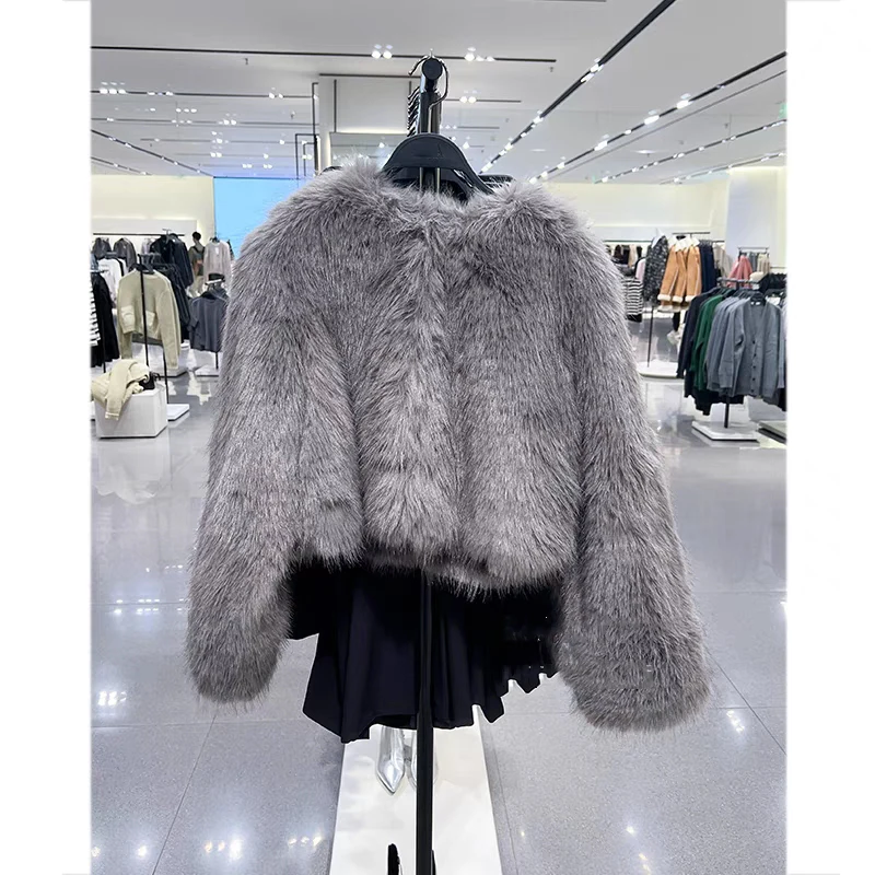 Spring Women\'s Cardigan Jacket Round Neck Pocket Fur Coat Solid Loose Suede Jacket Streetwear Vintag Outerwear